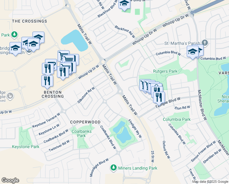 map of restaurants, bars, coffee shops, grocery stores, and more near 213 Silkstone Road West in Lethbridge