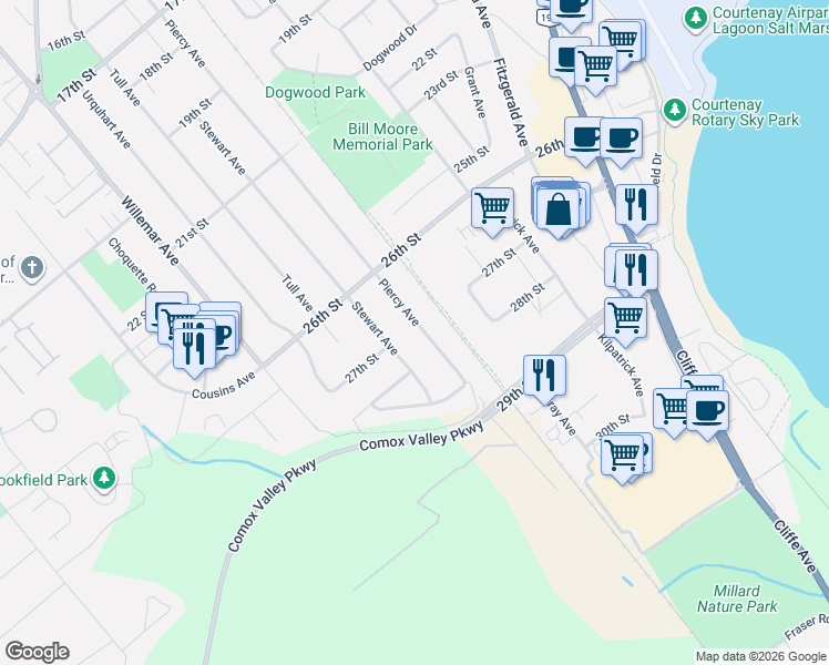 map of restaurants, bars, coffee shops, grocery stores, and more near 2705 Piercy Avenue in Courtenay