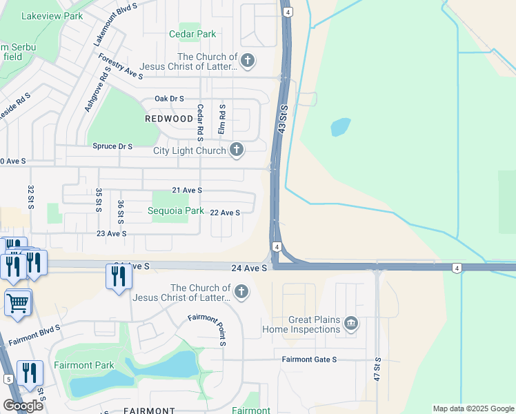map of restaurants, bars, coffee shops, grocery stores, and more near 4218 21 Avenue South in Lethbridge
