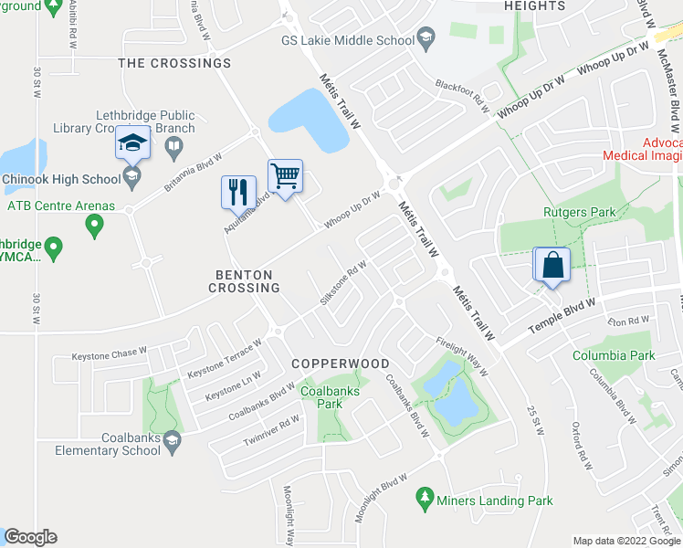 map of restaurants, bars, coffee shops, grocery stores, and more near 602 Silkstone Point West in Lethbridge