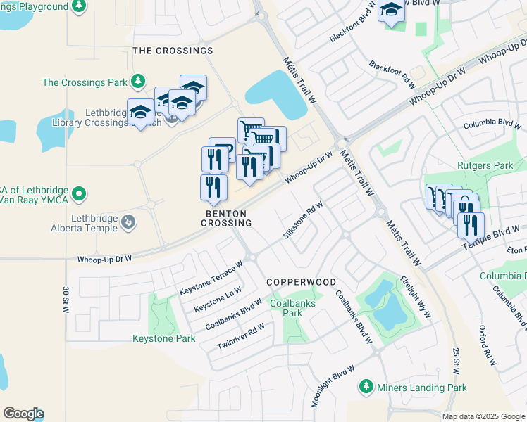 map of restaurants, bars, coffee shops, grocery stores, and more near 119 Silkstone Road West in Lethbridge