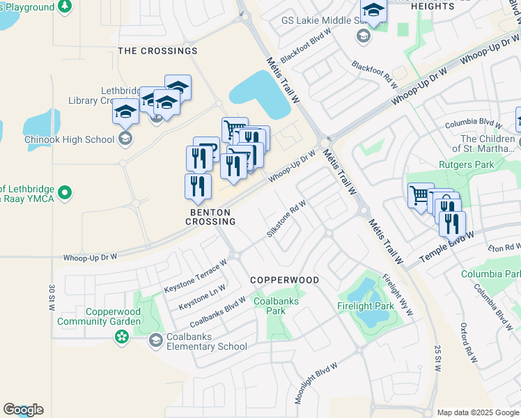 map of restaurants, bars, coffee shops, grocery stores, and more near 119 Silkstone Road West in Lethbridge