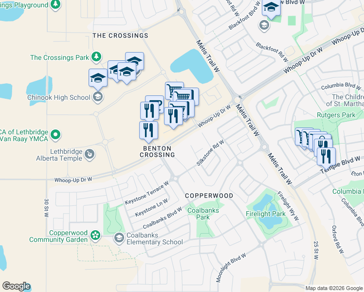 map of restaurants, bars, coffee shops, grocery stores, and more near 119 Silkstone Road West in Lethbridge