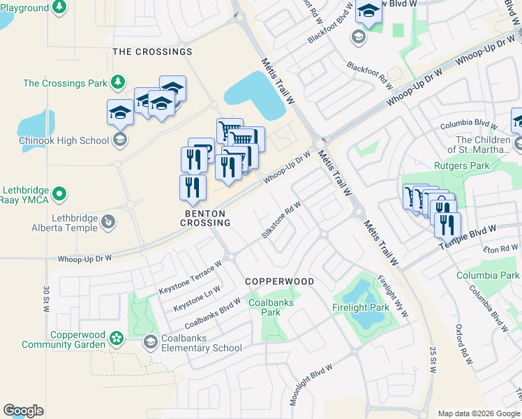 map of restaurants, bars, coffee shops, grocery stores, and more near 119 Silkstone Road West in Lethbridge