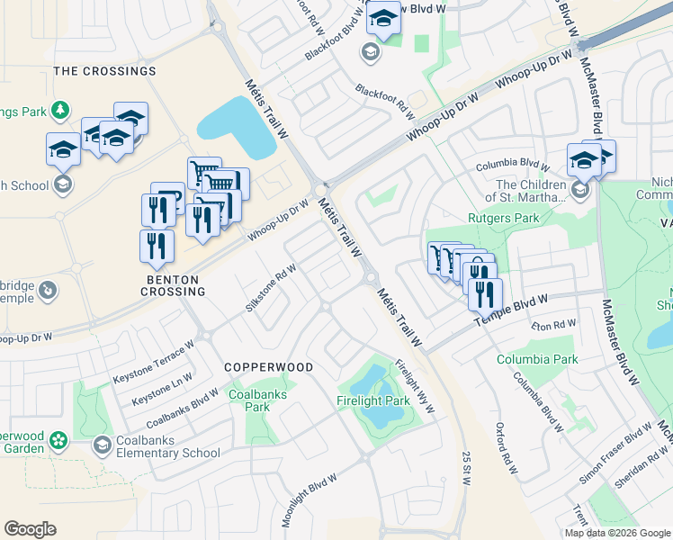 map of restaurants, bars, coffee shops, grocery stores, and more near 233 Silkstone Road West in Lethbridge