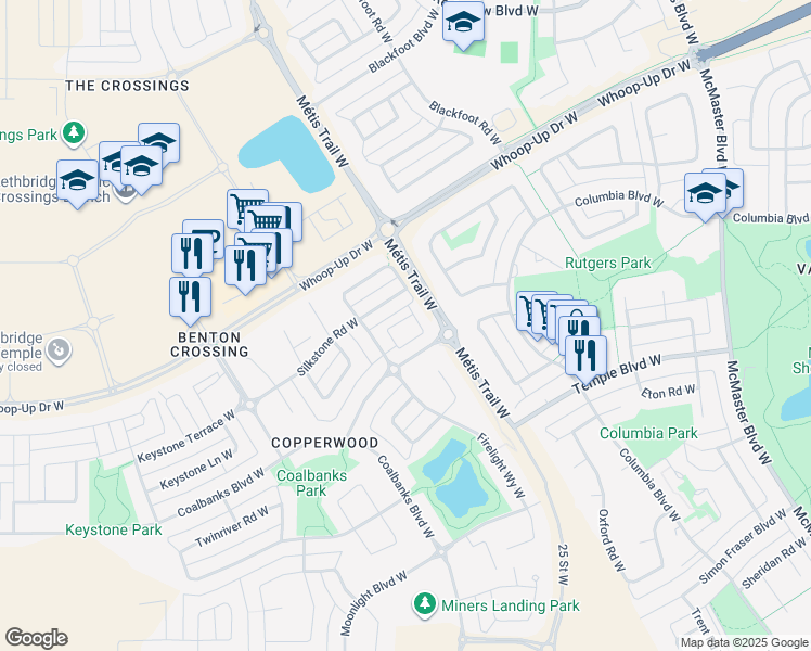map of restaurants, bars, coffee shops, grocery stores, and more near 241 Silkstone Road West in Lethbridge