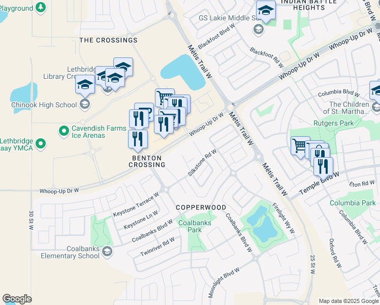 map of restaurants, bars, coffee shops, grocery stores, and more near 602 Silkstone Point West in Lethbridge