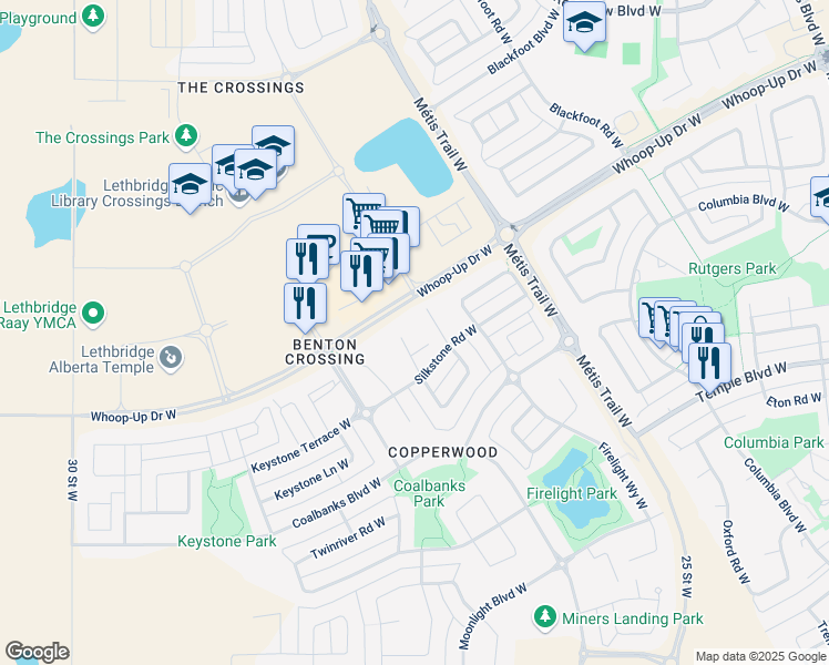map of restaurants, bars, coffee shops, grocery stores, and more near 119 Silkstone Road West in Lethbridge