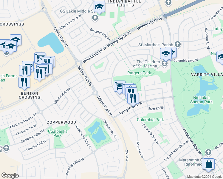 map of restaurants, bars, coffee shops, grocery stores, and more near 613A Columbia Boulevard West in Lethbridge