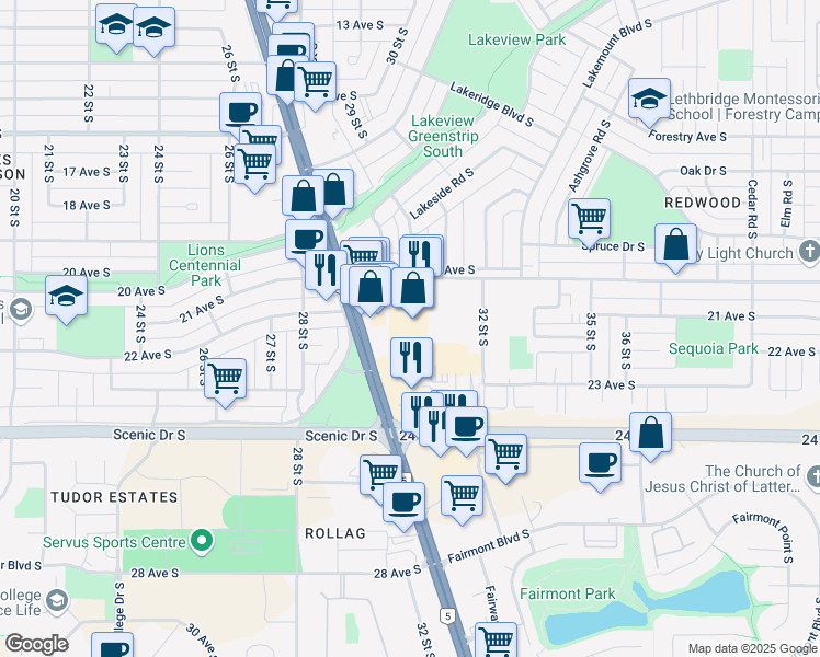 map of restaurants, bars, coffee shops, grocery stores, and more near 2053 Mayor Magrath Drive South in Lethbridge