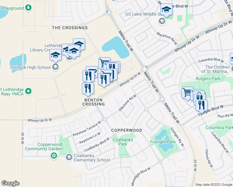 map of restaurants, bars, coffee shops, grocery stores, and more near 137 Silkstone Road West in Lethbridge