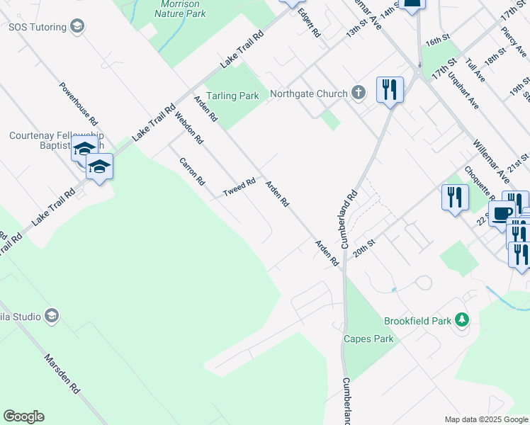 map of restaurants, bars, coffee shops, grocery stores, and more near 1700 Webdon Road in Courtenay