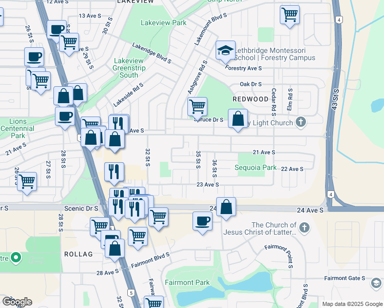 map of restaurants, bars, coffee shops, grocery stores, and more near 2172 Palm Road South in Lethbridge