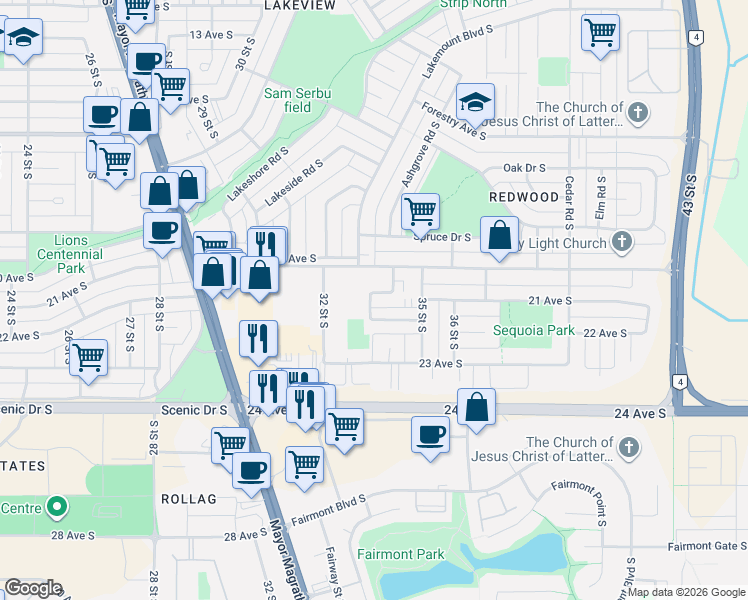 map of restaurants, bars, coffee shops, grocery stores, and more near 2127 Palm Road South in Lethbridge