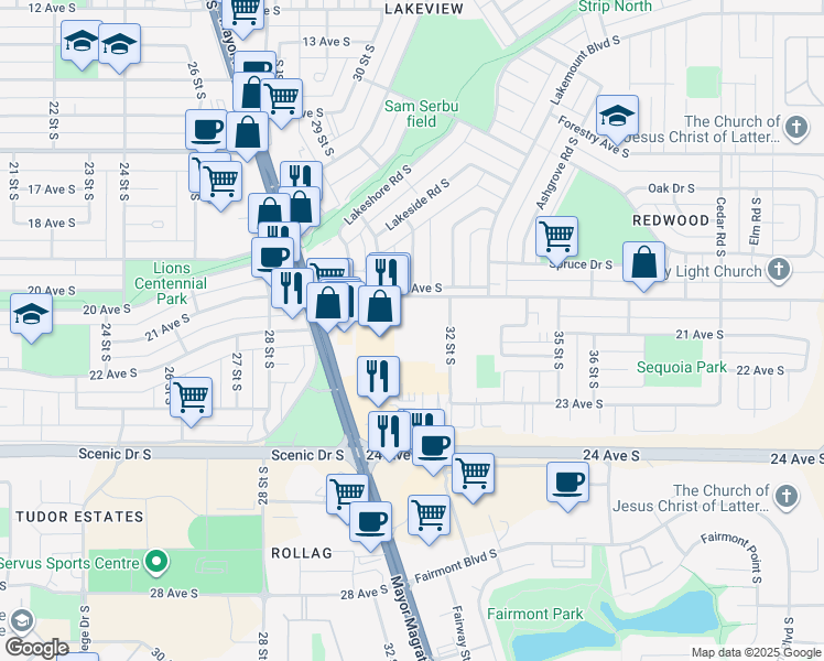 map of restaurants, bars, coffee shops, grocery stores, and more near 2020 32 Street South in Lethbridge