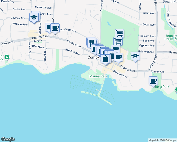 map of restaurants, bars, coffee shops, grocery stores, and more near 1807 Beaufort Avenue in Comox