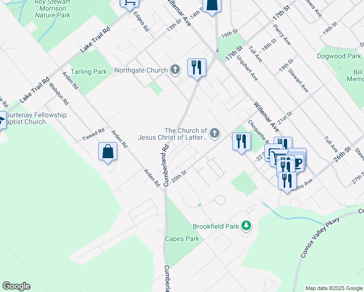 map of restaurants, bars, coffee shops, grocery stores, and more near 2112 Cumberland Road in Courtenay