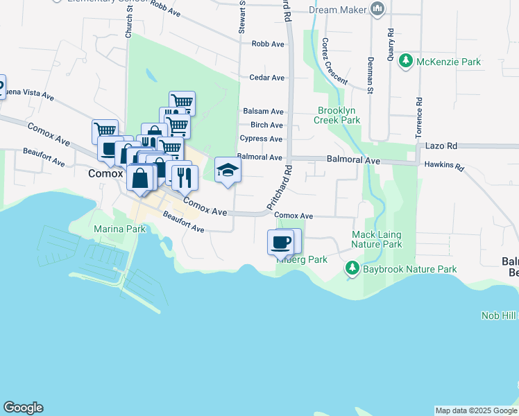map of restaurants, bars, coffee shops, grocery stores, and more near 1600 Comox Avenue in Comox