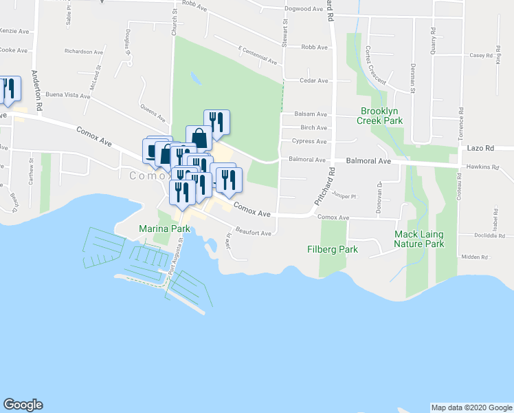 map of restaurants, bars, coffee shops, grocery stores, and more near 1666 Comox Avenue in Comox