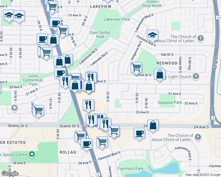 map of restaurants, bars, coffee shops, grocery stores, and more near 3210 20 Avenue South in Lethbridge