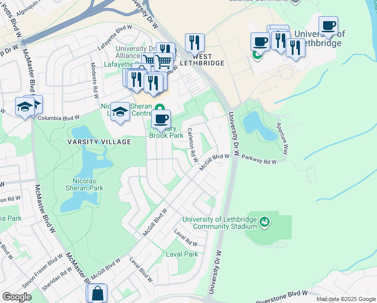 map of restaurants, bars, coffee shops, grocery stores, and more near 22 Carleton Road West in Lethbridge