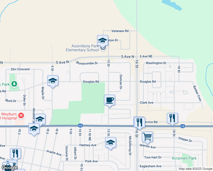 map of restaurants, bars, coffee shops, grocery stores, and more near 68 13 Street in Weyburn