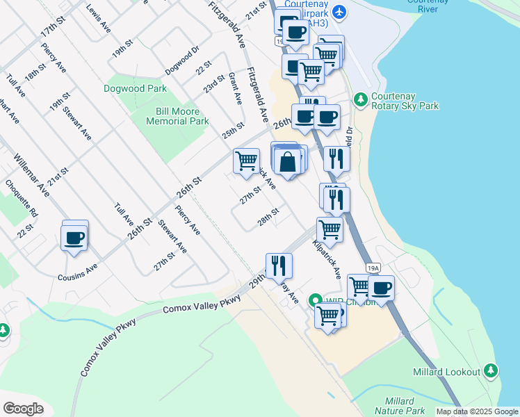 map of restaurants, bars, coffee shops, grocery stores, and more near 743 28th Street in Courtenay