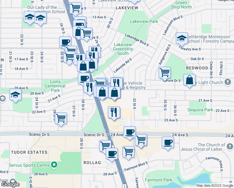 map of restaurants, bars, coffee shops, grocery stores, and more near 2037 32 Street South in Lethbridge