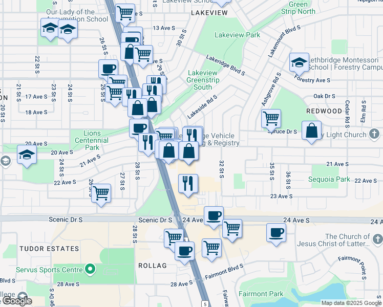 map of restaurants, bars, coffee shops, grocery stores, and more near 2037 32 Street South in Lethbridge