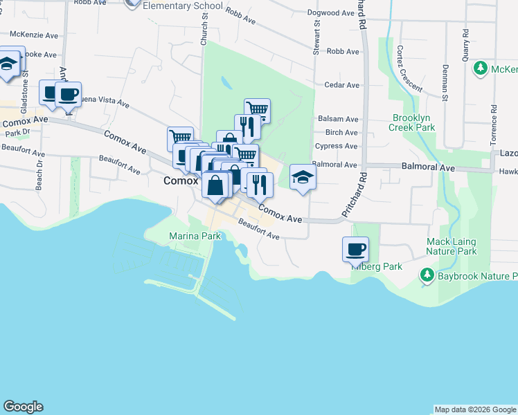 map of restaurants, bars, coffee shops, grocery stores, and more near 1705 Comox Avenue in Comox