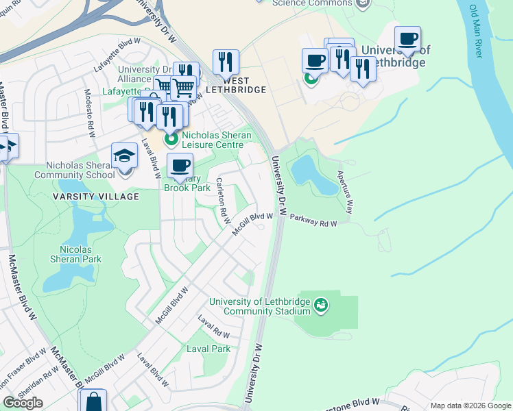 map of restaurants, bars, coffee shops, grocery stores, and more near 2 Acadia Road West in Lethbridge