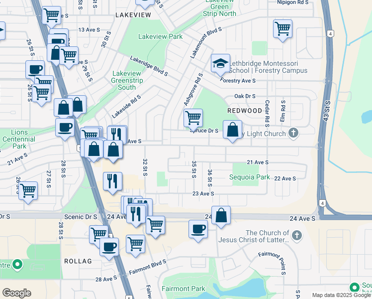 map of restaurants, bars, coffee shops, grocery stores, and more near 8 20 Avenue South in Lethbridge