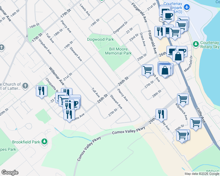 map of restaurants, bars, coffee shops, grocery stores, and more near 1005 26th Street in Courtenay