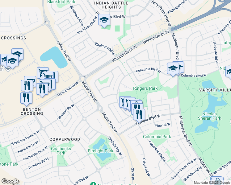 map of restaurants, bars, coffee shops, grocery stores, and more near 591 Columbia Boulevard West in Lethbridge