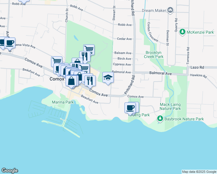 map of restaurants, bars, coffee shops, grocery stores, and more near 147 Stewart Street in Comox
