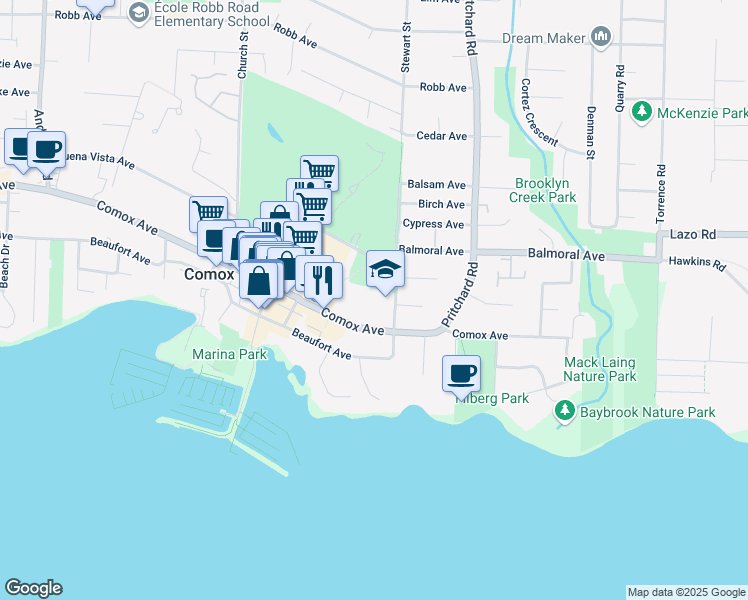 map of restaurants, bars, coffee shops, grocery stores, and more near 1666 Comox Avenue in Comox
