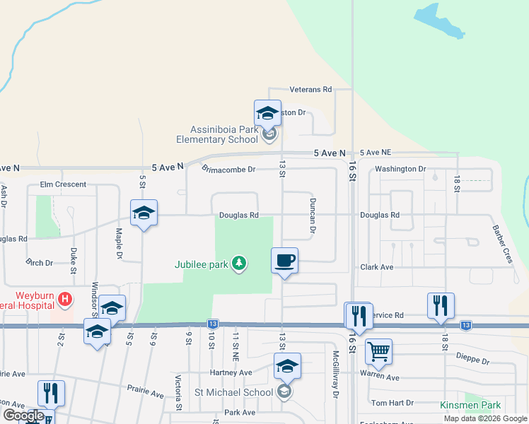 map of restaurants, bars, coffee shops, grocery stores, and more near 68 13 Street in Weyburn