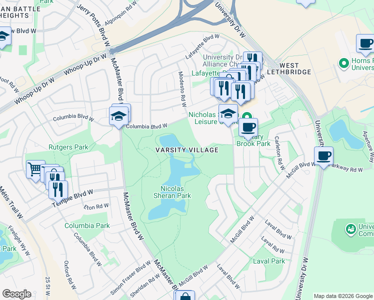 map of restaurants, bars, coffee shops, grocery stores, and more near in Lethbridge