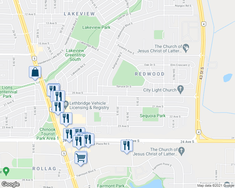 map of restaurants, bars, coffee shops, grocery stores, and more near 8 20 Avenue South in Lethbridge