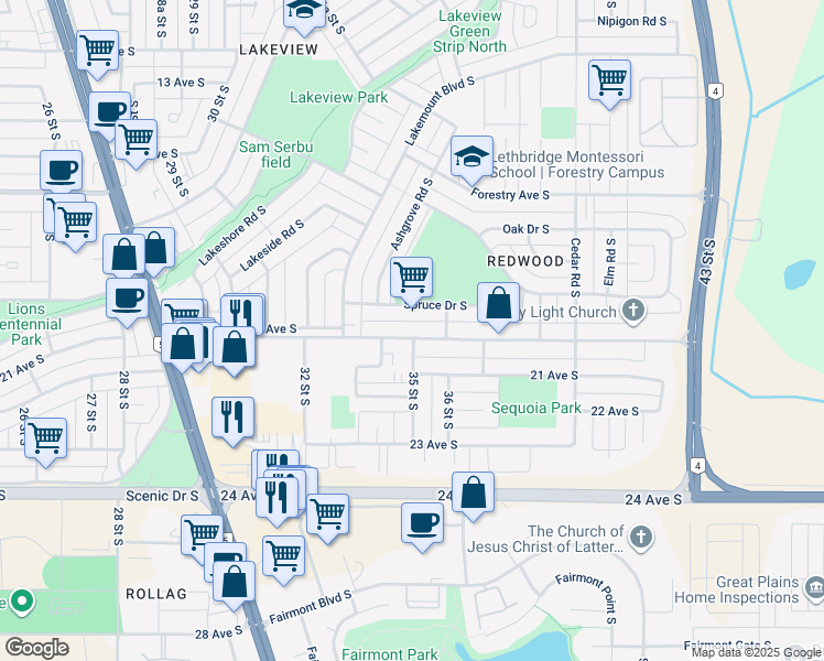 map of restaurants, bars, coffee shops, grocery stores, and more near 3503 20 Avenue South in Lethbridge