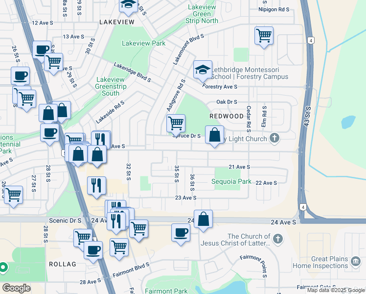 map of restaurants, bars, coffee shops, grocery stores, and more near 3511 20 Avenue South in Lethbridge