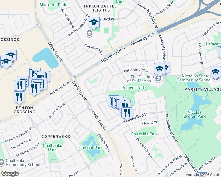 map of restaurants, bars, coffee shops, grocery stores, and more near 620 Columbia Boulevard West in Lethbridge