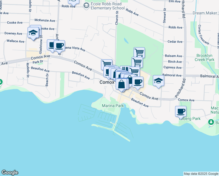 map of restaurants, bars, coffee shops, grocery stores, and more near 1819 Beaufort Avenue in Comox