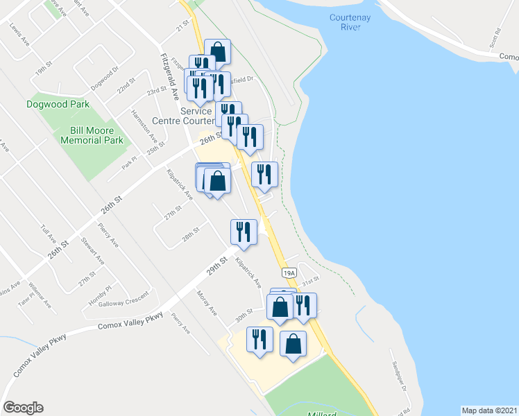 map of restaurants, bars, coffee shops, grocery stores, and more near 2801 Cliffe Avenue in Courtenay