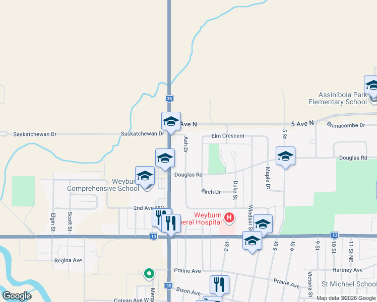 map of restaurants, bars, coffee shops, grocery stores, and more near 61 Ash Drive in Weyburn