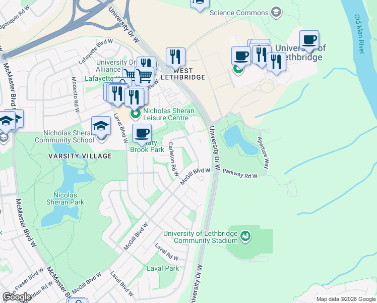 map of restaurants, bars, coffee shops, grocery stores, and more near 2 Acadia Road West in Lethbridge