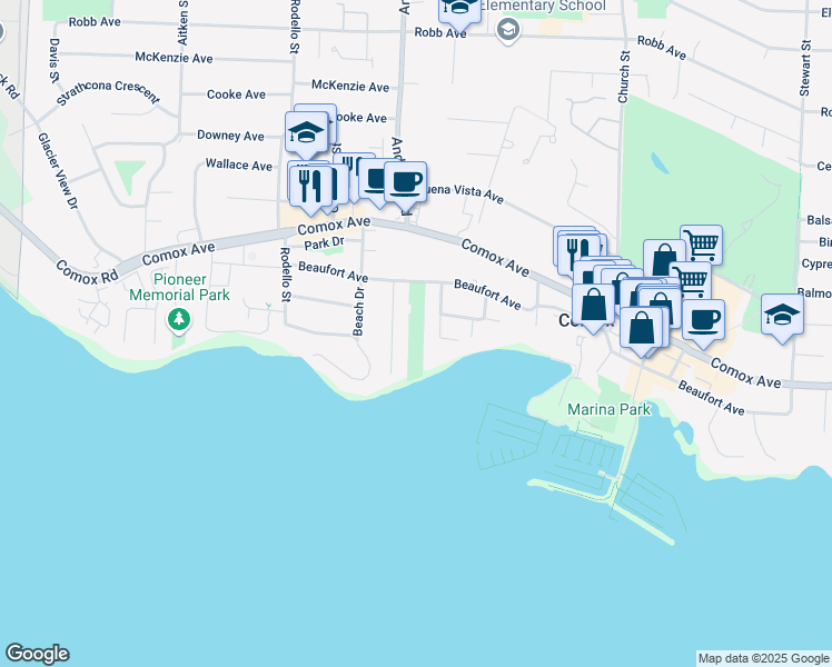 map of restaurants, bars, coffee shops, grocery stores, and more near Carthew Street in Comox