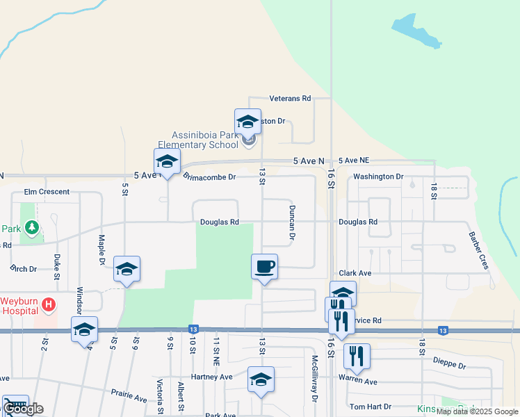 map of restaurants, bars, coffee shops, grocery stores, and more near 68 13 Street in Weyburn
