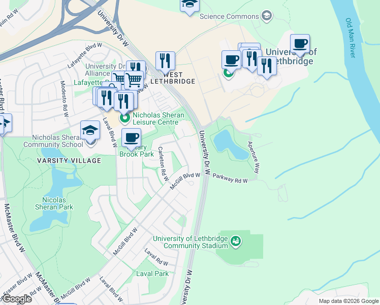 map of restaurants, bars, coffee shops, grocery stores, and more near 20 Acadia Road West in Lethbridge