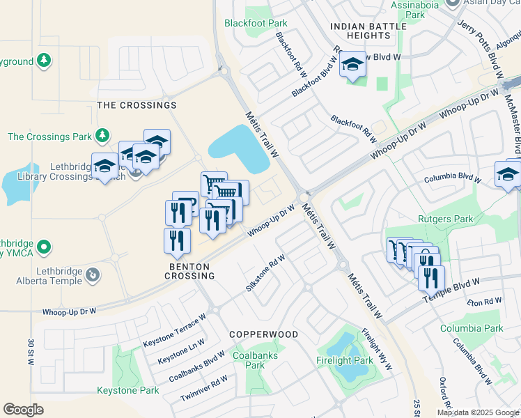 map of restaurants, bars, coffee shops, grocery stores, and more near 73 Aquitania Circle West in Lethbridge
